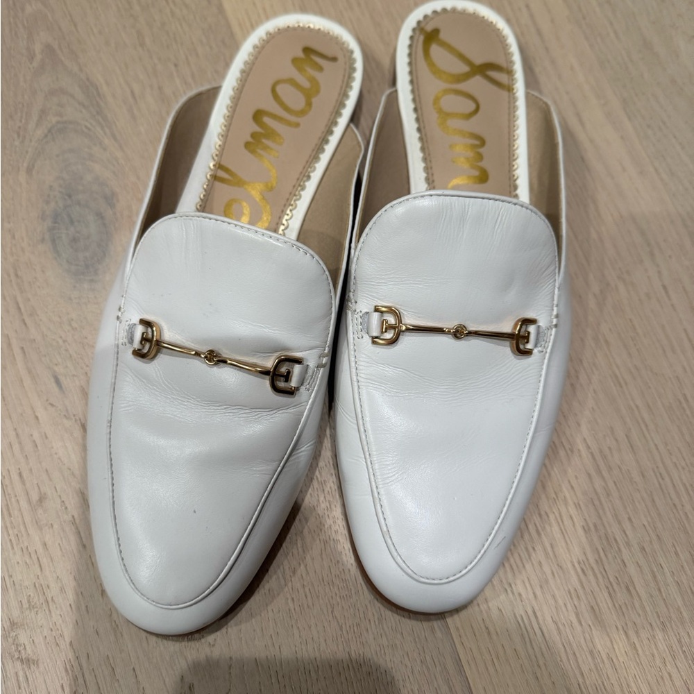 Sam Edelman mules. Slip on. White leather.